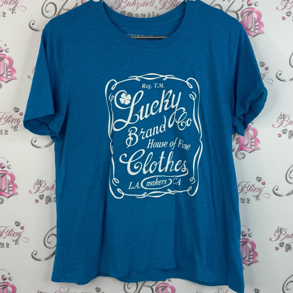 Lucky Brand tshirt tee clover 🍀 white writing Teal Graphic Tee